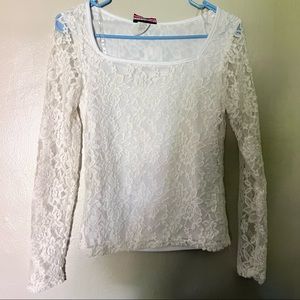 Discreet |tops |. |white lace top trendy square neckline lacy long sleeves|.